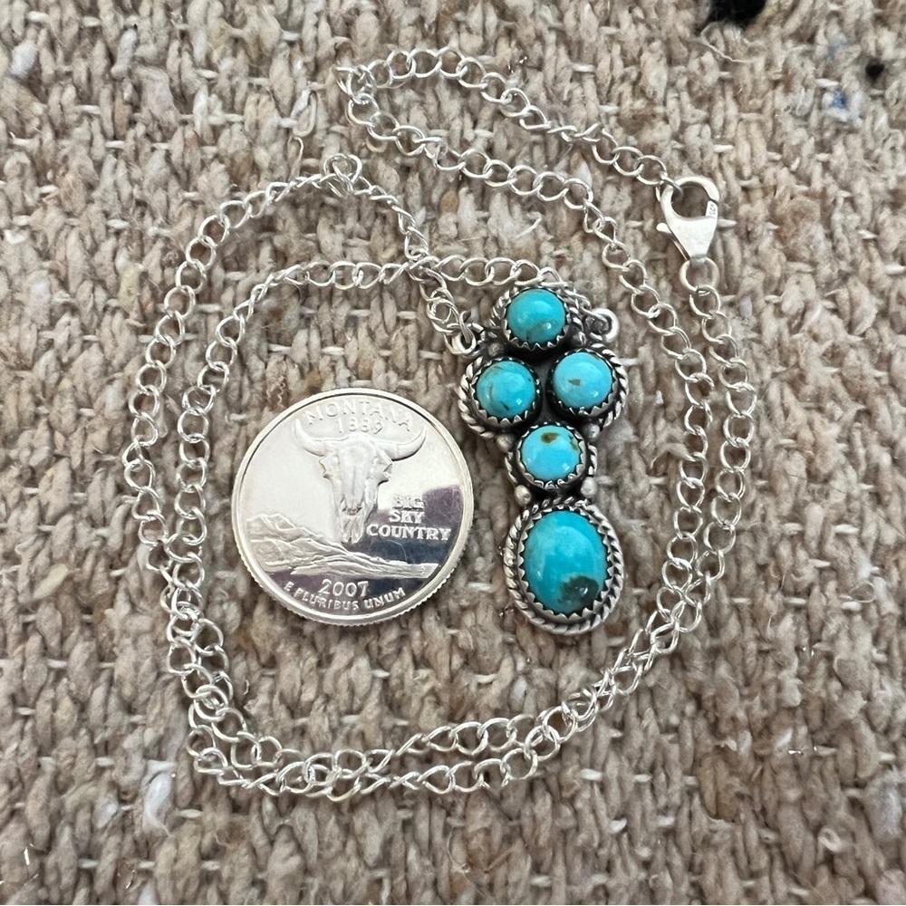 ❤️ Kingman Turquoise 5 Stone Brushed 925 Southwestern 18+2” Adj Necklace 11.6Gm - Picture 6 of 14